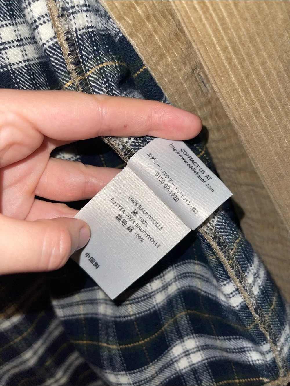 Eddie Bauer Olive Brown Corduroy Shirt Jacket with Plaid Lining